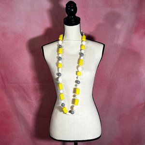 *SOLD* Long Unique Circle Chunky Yellow/Grey/White Block Necklace with Fabric